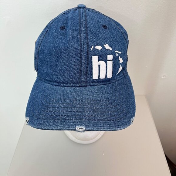 Distressed Blue Denim Cap With "Hi" Embroidery & Hawaii Map Design Adjustable St - Picture 1 of 5
